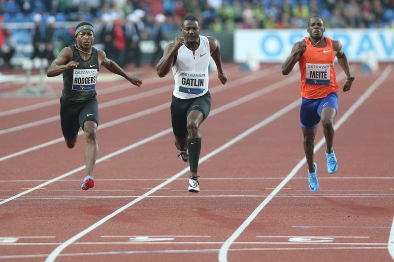 Athletics. IAAF Golden Spike Ostrava. Mike Rodgers - Justin Gatlin - Ben Meite. 13.06.2018